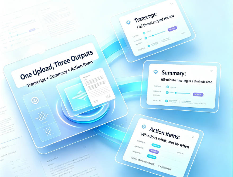 One Upload, Three Outputs: Transcript + Summary + Action Items